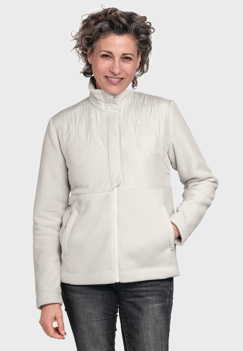 Light gray fleece jacket with a honeycomb textured upper panel, high neck, and side pockets. Zipper closure and soft fabric.