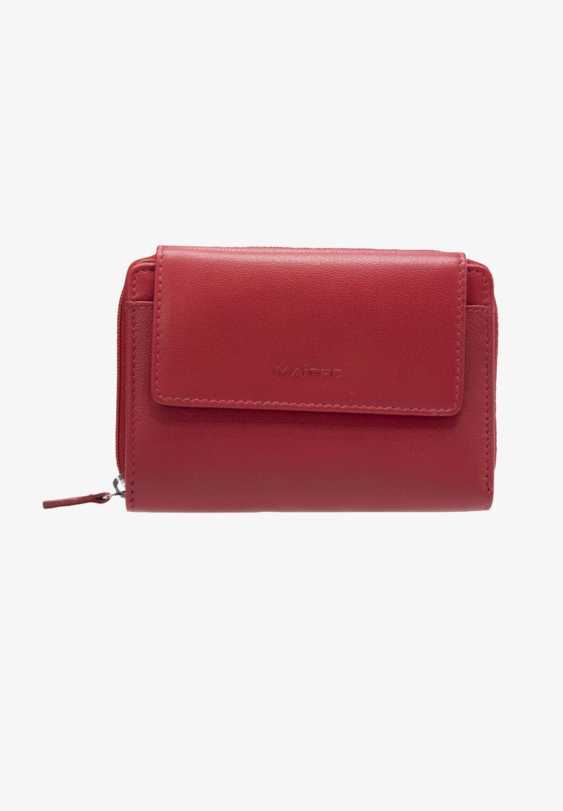 Red leather wallet with a textured surface, featuring a flap closure and zippered pocket, embossed branding on the front.