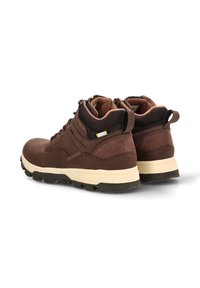 Botas de senderismo marrones con un diseño de materiales mixtos en ante y malla, soporte alto para el tobillo y una suela de goma crema en contraste.
