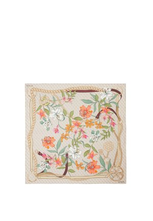 Foulard quadrato con un motivo floreale in arancione, rosa e bianco su uno sfondo neutro, bordato con un design decorativo a corda.