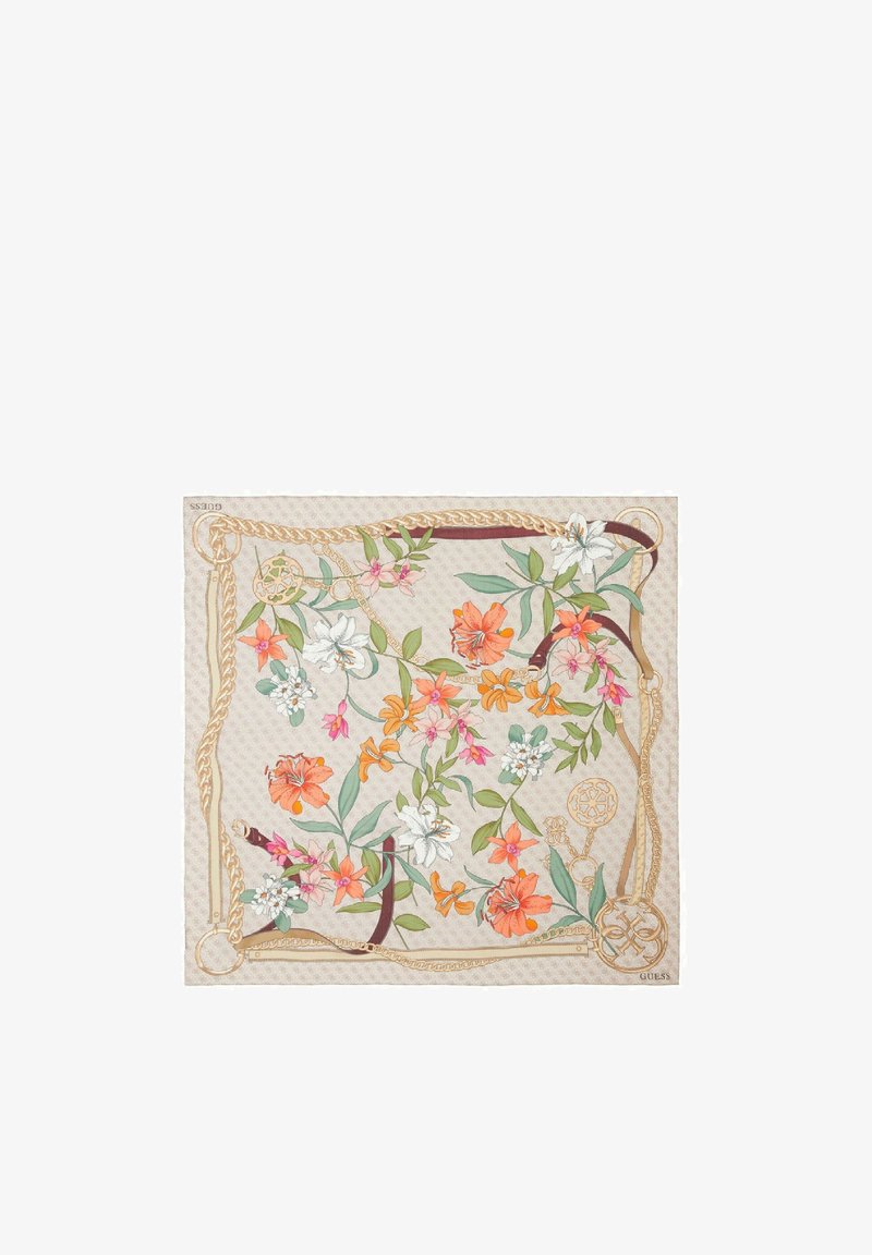 Foulard quadrato con un motivo floreale in arancione, rosa e bianco su uno sfondo neutro, bordato con un design decorativo a corda.