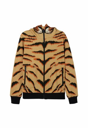Sweat à capuche zippé imprimé tigre beige, avec rayures noires et orange, poches avant zippées, ourlet et poignets côtelés.