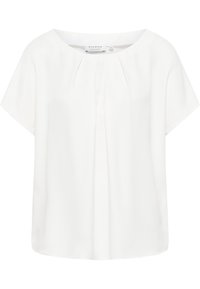 Weiße Bluse mit kurzen Ärmeln und rundem Ausschnitt, die vorne mit einer Faltenoptik versehen ist und eine lockere, fließende Passform hat. Glatte Stoffstruktur.