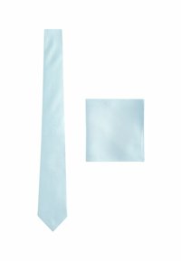 Light blue silk tie and matching pocket square, both featuring a subtle textured pattern. The tie tapers to a pointed end.