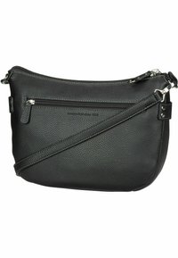 Borsa a tracolla in pelle nera con texture a pallini, zip superiore e tasca con zip frontale. Tracolla regolabile e dettaglio di branding discreto.