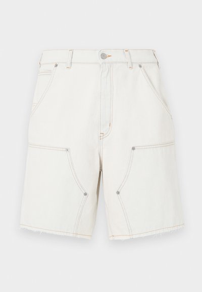 White denim shorts featuring a high waist, two front pockets, and frayed hem. Contrast stitching and metal button accents detail the design.
