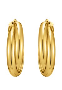 Orecchini a cerchio in oro con un design attorcigliato, caratterizzati da una finitura lucida e una chiusura sicura. La texture liscia ne esalta l'eleganza.