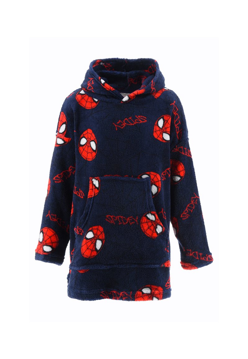 Felpa con cappuccio in pile su sfondo blu navy, con loghi e testi di Spider-Man rossi. Ha una tasca frontale e un design comodo e oversize.
