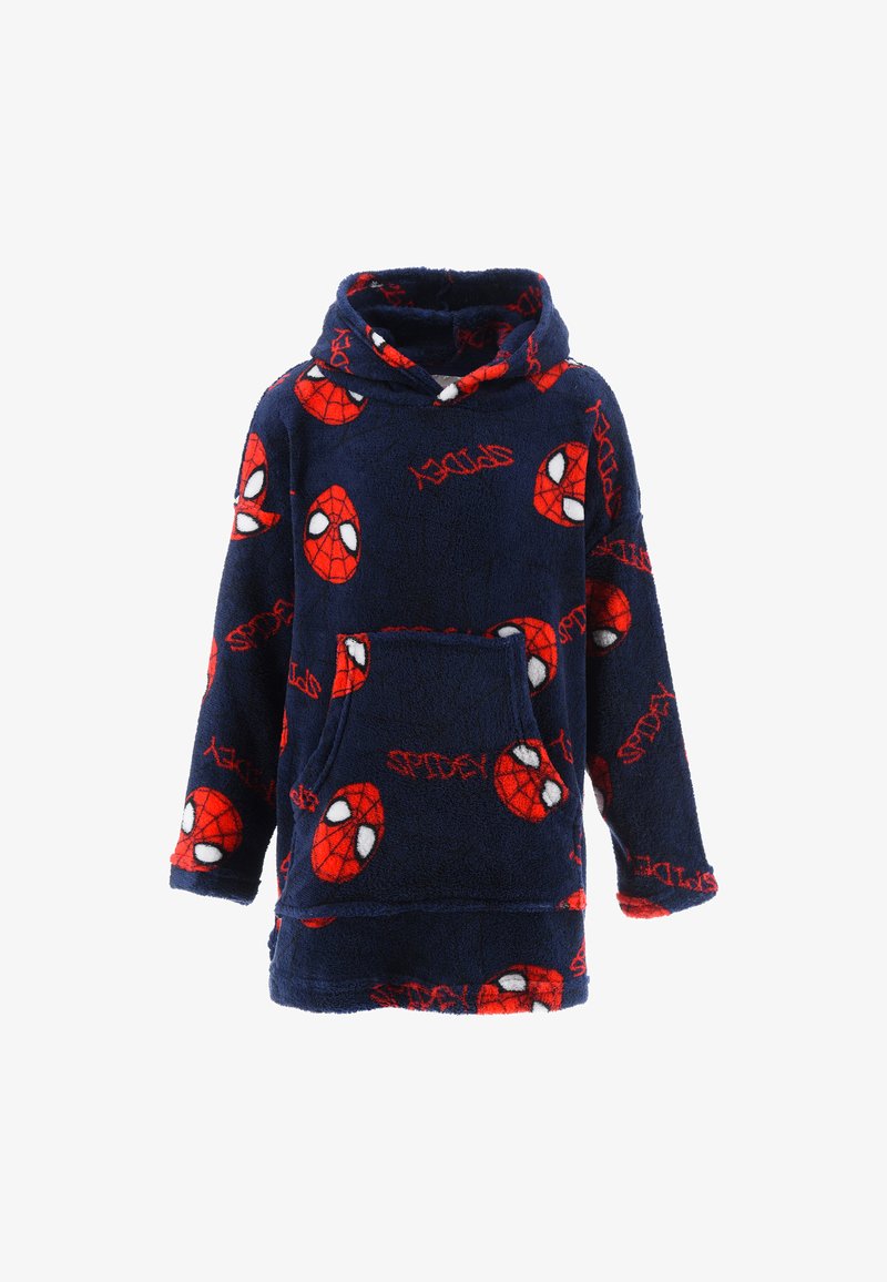Fleece hoodie met een marineblauwe achtergrond, voorzien van rode Spider-Man-logo's en tekst. Het heeft een buidelzak en een comfortabele, oversized pasvorm.