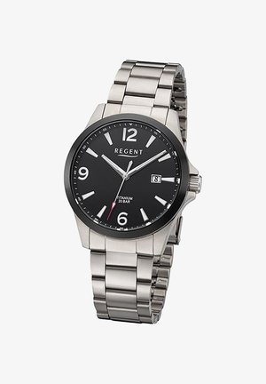 Titanium wristwatch with black dial, silver hour markers, date display at 3 o’clock, and silver metal link bracelet.