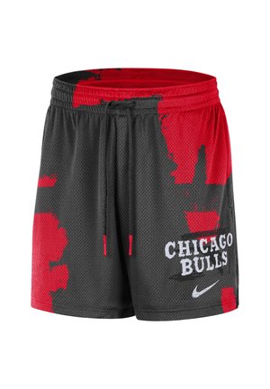 Czarno-czerwone siatkowe spodenki do koszykówki z troczkiem, napisem "Chicago Bulls" i białym logo Nike na prawej nogawce.