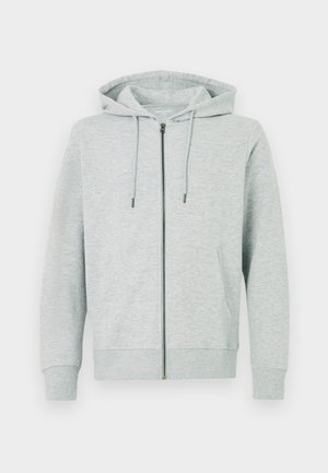 Light gray zip-up hoodie made from soft fabric. Features a hood, drawstrings, and two side pockets. Ribbed cuffs and hem.