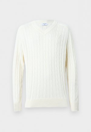 Λευκό πουλόβερ με V-λαιμόκοψη πλεκτό με καλσόν, μακριά μανίκια και ριμπ μανσέτες και κάτω μέρος.