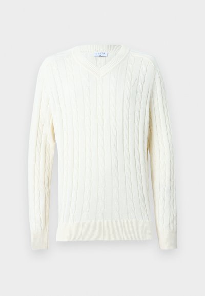Λευκό πουλόβερ με V-λαιμόκοψη πλεκτό με καλσόν, μακριά μανίκια και ριμπ μανσέτες και κάτω μέρος.