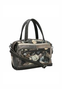 Lederhandtasche mit dunkelbraunen Griffen, Reißverschlussverschluss, Vorderseite aus floral gemustertem Stoff und verstellbarem Schultergurt. Verfügt über eine Vordertasche.