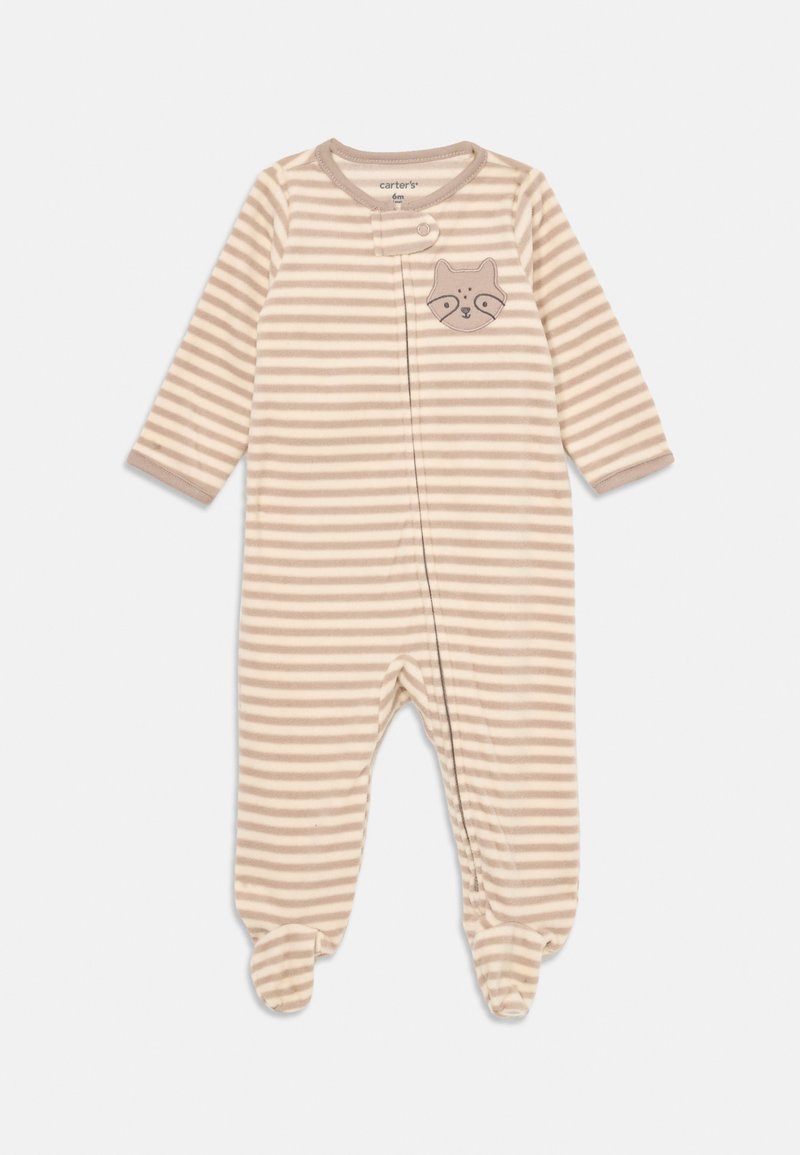 Beige og creme-stribet baby fodtøjsoveralls med lange ærmer og en vaskebjørnsansigtspatch på brystet, størrelse 6 måneder.