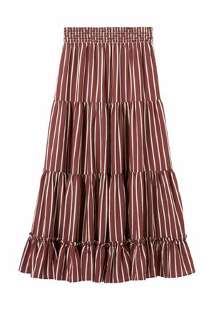 Falda midi marrón de capas con rayas verticales blancas y cintura elástica fruncida, con detalle de volante en el dobladillo.