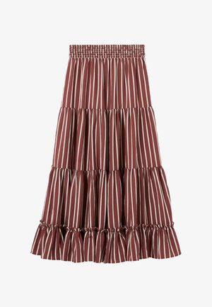 Gonna midi a balze marrone con righe verticali bianche e vita elasticizzata arricciata, con dettaglio di orlo arricciato.
