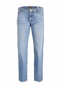 Jean en denim bleu clair avec une coupe droite. Comprend des passants de ceinture, un bouton de fermeture et un léger dégradé à l'avant.