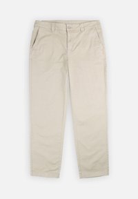 Pantalon beige en coton avec une coupe droite, deux poches avant, passants pour ceinture et une fermeture à bouton unique à la taille. Texture lisse.