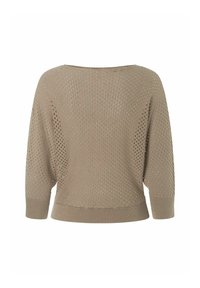 Beige gestrickter Pullover in lockerer Passform mit einem strukturierten, offen gewebten Design und Dreiviertelärmeln. Gerippter Saum und Bündchen.