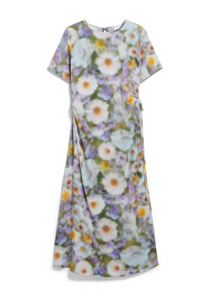 Blumenkleid mit einer Vielzahl von bunten Blumen auf einem weichen, leichten Stoff. Es hat kurze Ärmel und eine lockere Silhouette.