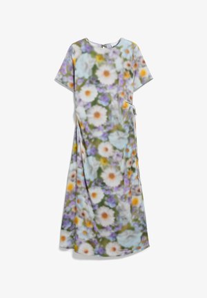 Vestito floreale con una varietà di fiori colorati su un tessuto morbido e leggero. Ha maniche corte e una silhouette rilassata.