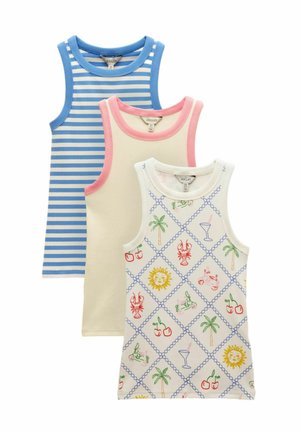 Trei bluze fără mâneci pentru copii: dungi albastre și albe, crem cu garnitură roz și alb cu imprimeuri colorate cu tematică de vară.