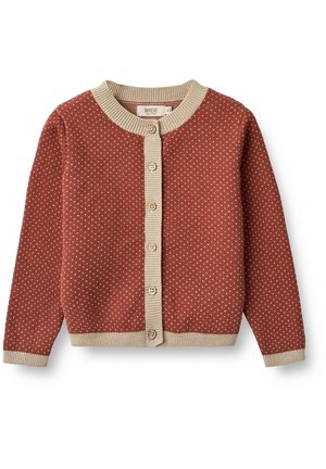 Rustfarvet strikket cardigan med små hvide prikker, beige ribkrave, knapstolpe, manchetter og kant, seks beige knapper foran.