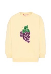 Crèmekleurige sweatshirt met lange mouwen met een groot, paars druivencluster van pailletten en groene bladeren op de voorkant.