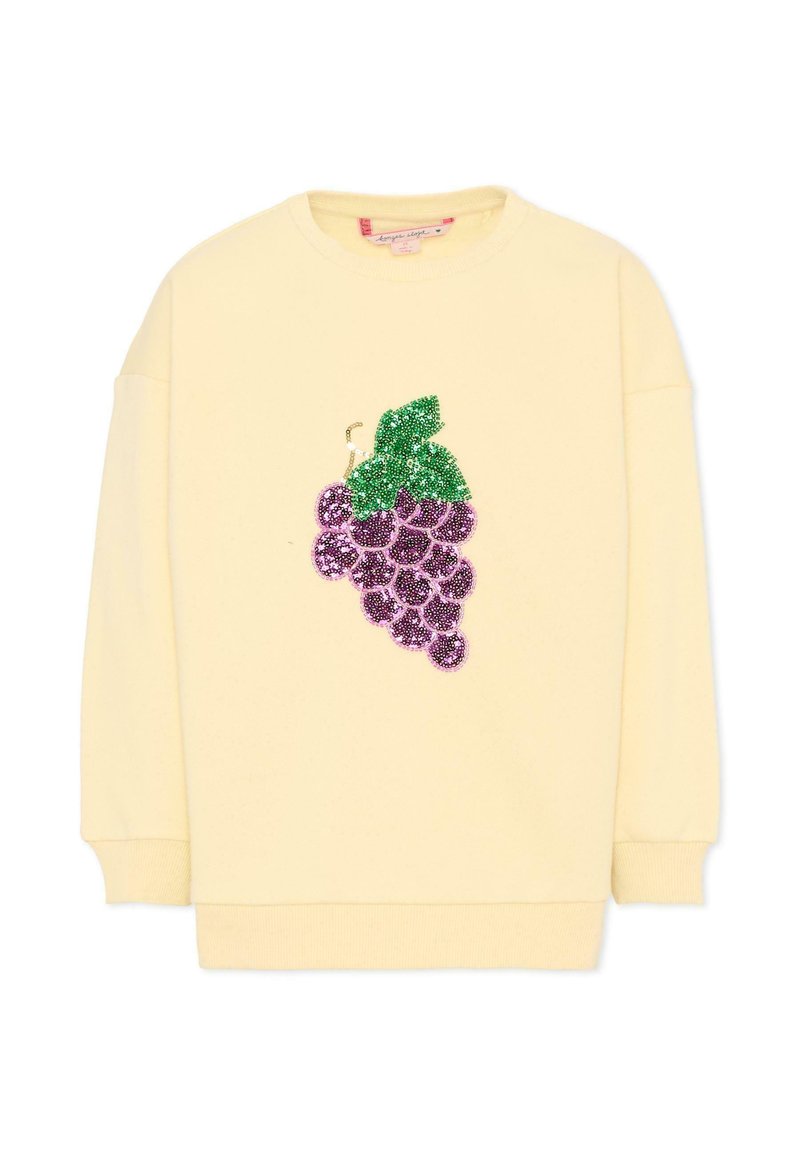Crèmekleurige sweatshirt met lange mouwen met een groot, paars druivencluster van pailletten en groene bladeren op de voorkant.