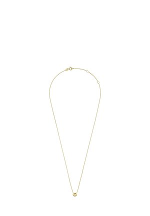 Fijne gouden ketting met een kleine, ronde hanger met een uitgesneden oneindigheidssymbool, sluiting dicht bij de bovenkant bevestigd.