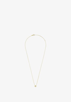 Fijne gouden ketting met een kleine, ronde hanger met een uitgesneden oneindigheidssymbool, sluiting dicht bij de bovenkant bevestigd.