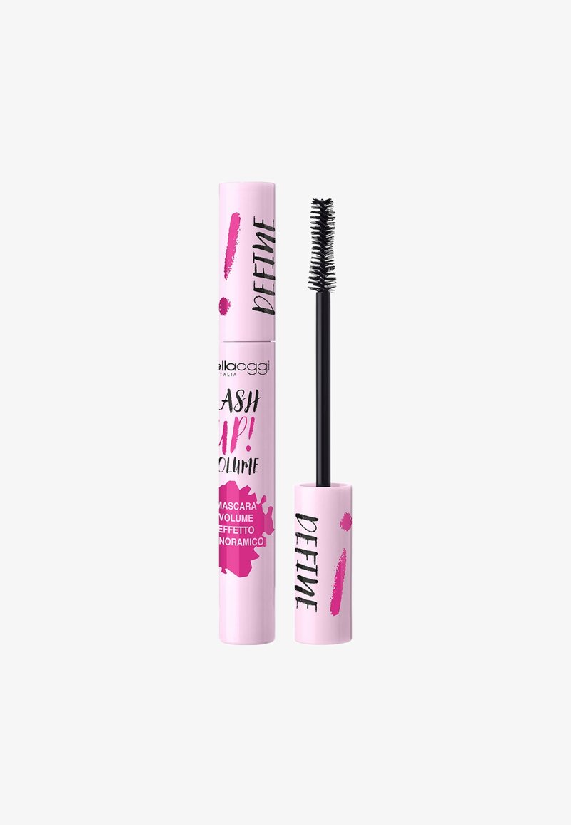 Tubetto di mascara rosa con testo grafico e scovolino nero in setole. Il tubetto presenta una finitura lucida e accenti di spruzzo rosa. Posizioni chiusa e aperta.