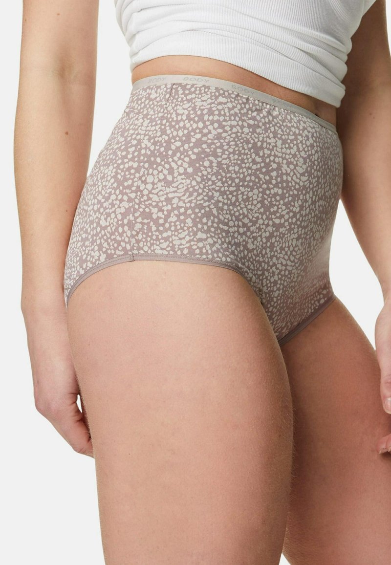 Mutande a vita alta di un leggero mauve con un motivo maculato in avorio, caratterizzate da un morbido elastico e bordi senza cuciture per il massimo comfort.