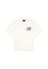 Cremfarvet oversized bomulds T-shirt med korte ærmer; har et lilla tekstlogo "WrstBhvr" på venstre brystområde.