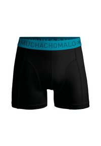 Črne boksarske hlače s teal elastičnim pasom, na katerem je napis "MUCHACHO MALO." Material izgleda gladko in raztegljivo.