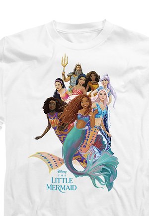 Group of diverse Disney mermaids and a king with a trident, posing together above "The Little Mermaid" text on a white shirt.