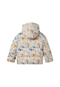 Gepolsterte Kinderjacke mit einem cremefarbenen Hintergrund und bunten Dinosaurierdrucken. Sie hat eine Kapuze, eine gesteppte Textur und überschnittene Schultern.