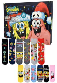 Herrensocken-Set mit 12 Paaren in verschiedenen Designs von SpongeBob Schwammkopf, einschließlich Farben wie Schwarz, Blau, Grau und Rot.