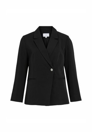 Zwarte blazer met geklede revers, enkele knoopsluiting en twee voorzakken. Gemaakt van een soepel materiaal met een getailleerde pasvorm en lange mouwen.