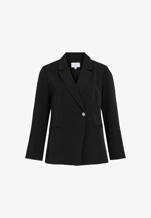 Zwarte blazer met geklede revers, enkele knoopsluiting en twee voorzakken. Gemaakt van een soepel materiaal met een getailleerde pasvorm en lange mouwen.
