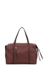 Borsa a duffle color bordò con superficie testurizzata, dotata di accessori dorati, tasca anteriore con zip e due manici robusti.