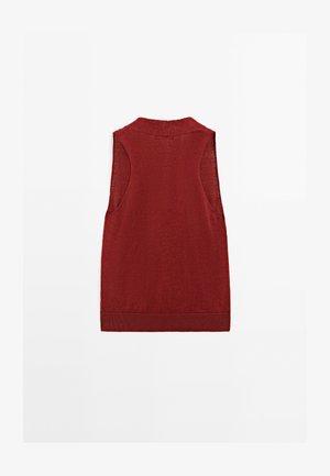 Ærmeløs, burgundy striktop med rund hals og ribbet kant. Har åbne sidesømme og en glat tekstur. Bagfra set.