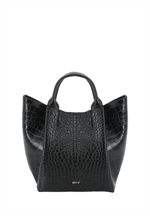 Black textured leather handbag with two short handles and side panels extending outward, displayed on a white background.