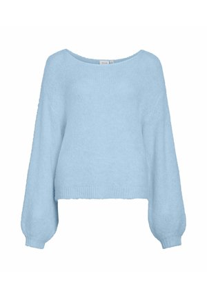 Lyseblå genser laget av mykt, teksturert materiale; har en bred utringning og ballongerm med ribbestrikkede mansjetter og avslutning.