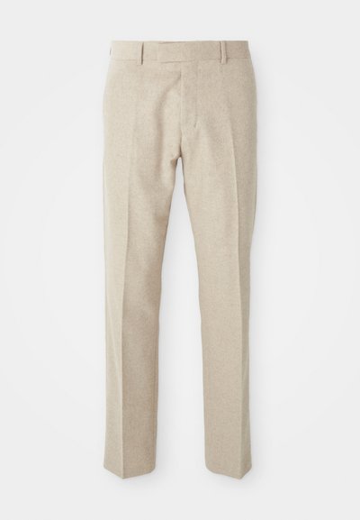 Beige skræddersyede bukser lavet af tekstureret stof, med flad front, lige ben og en traditionel talje med bæltesløjfer.
