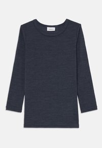 Mørk marineblå langermet skjorte med rund hals, laget av teksturert stoff. Har rett snitt og kant, uten synlige mønstre eller detaljer.