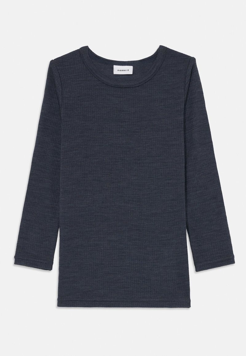 Dunkelblaues Langarmshirt mit Rundhalsausschnitt, aus strukturiertem Stoff gefertigt. Hat einen geraden Schnitt und Saum, ohne sichtbare Muster oder Akzentuierungen.