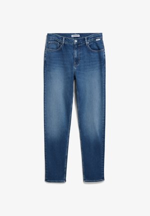 Denim-Jeans in einem mittleren Blauton, mit einem geraden Bein-design, fünf Taschen, einem Knopfverschluss und dezenten Verblassungen.